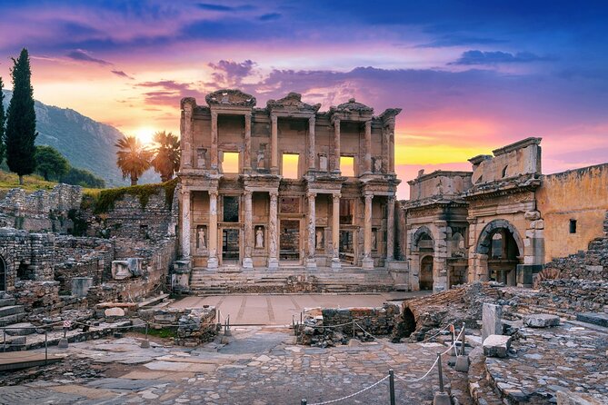 The facade of the Library of Celsus at Ephesus at dusk
